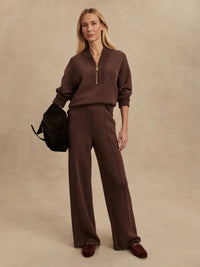 Model wearing Sally Half-Zip Sweat in Coffee Bean Marl styled for fall athleisure