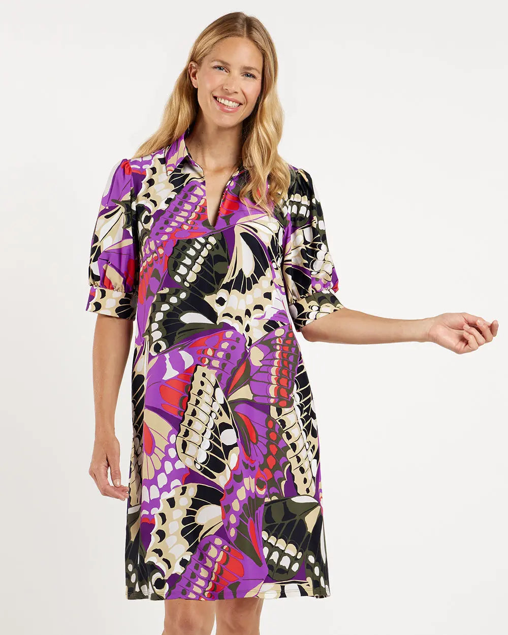 Front view of puff sleeve Emerson Dress – Butterfly Mosaic