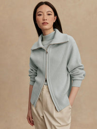 Close-up of fold-back collar and double-ended zip on Enrico Knit Jacket