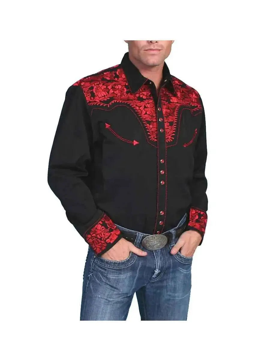 Floral Embroidered Rockabilly Shirt - Crimson