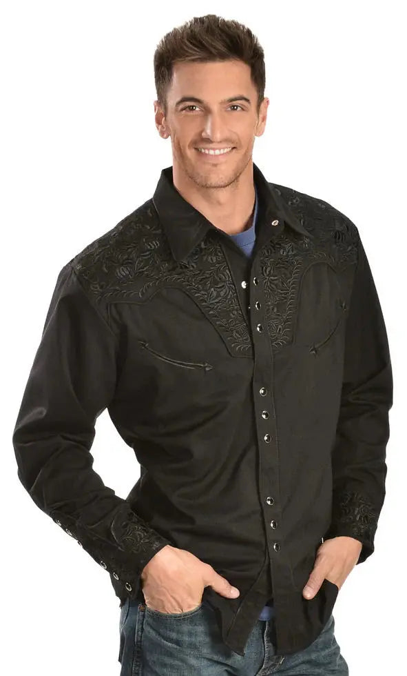 floral black dress shirt Mens Long Sleeve Snap Black White Floral Print Western Shirt With Piping An 3XL main image 1