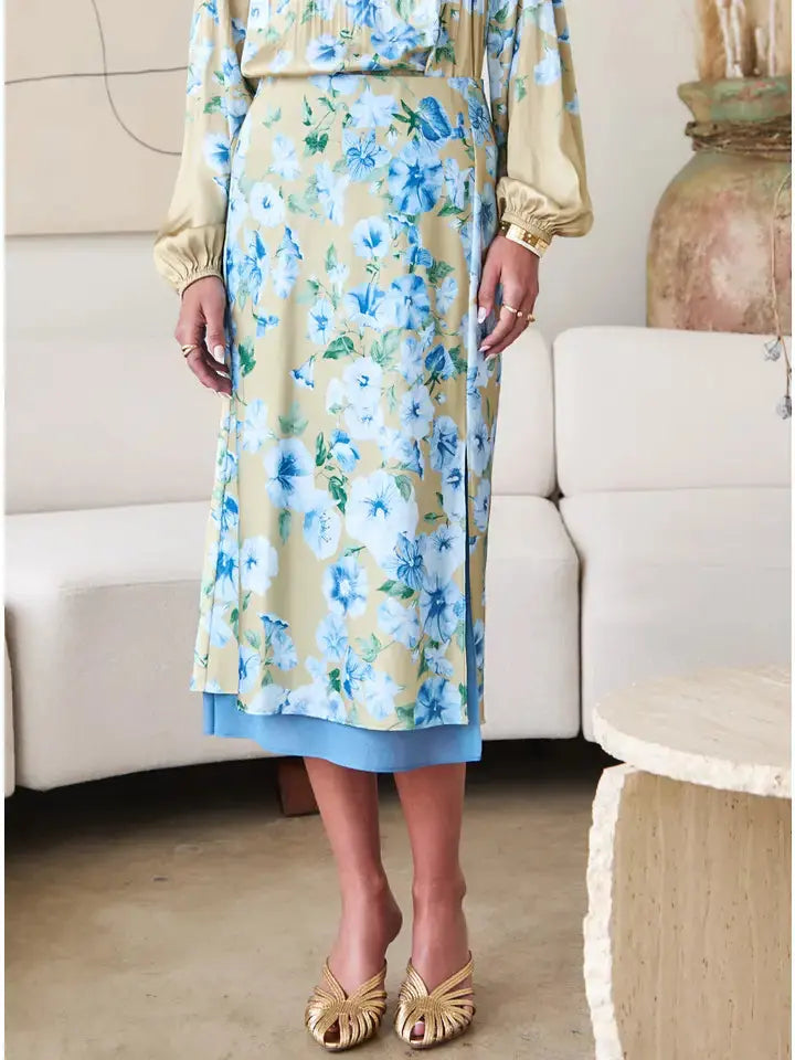 Floral Printed Midi Skirt W/Chiffon Layer Current Air