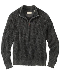 Dark gray cable knit sweater with a quarter zip on a white background