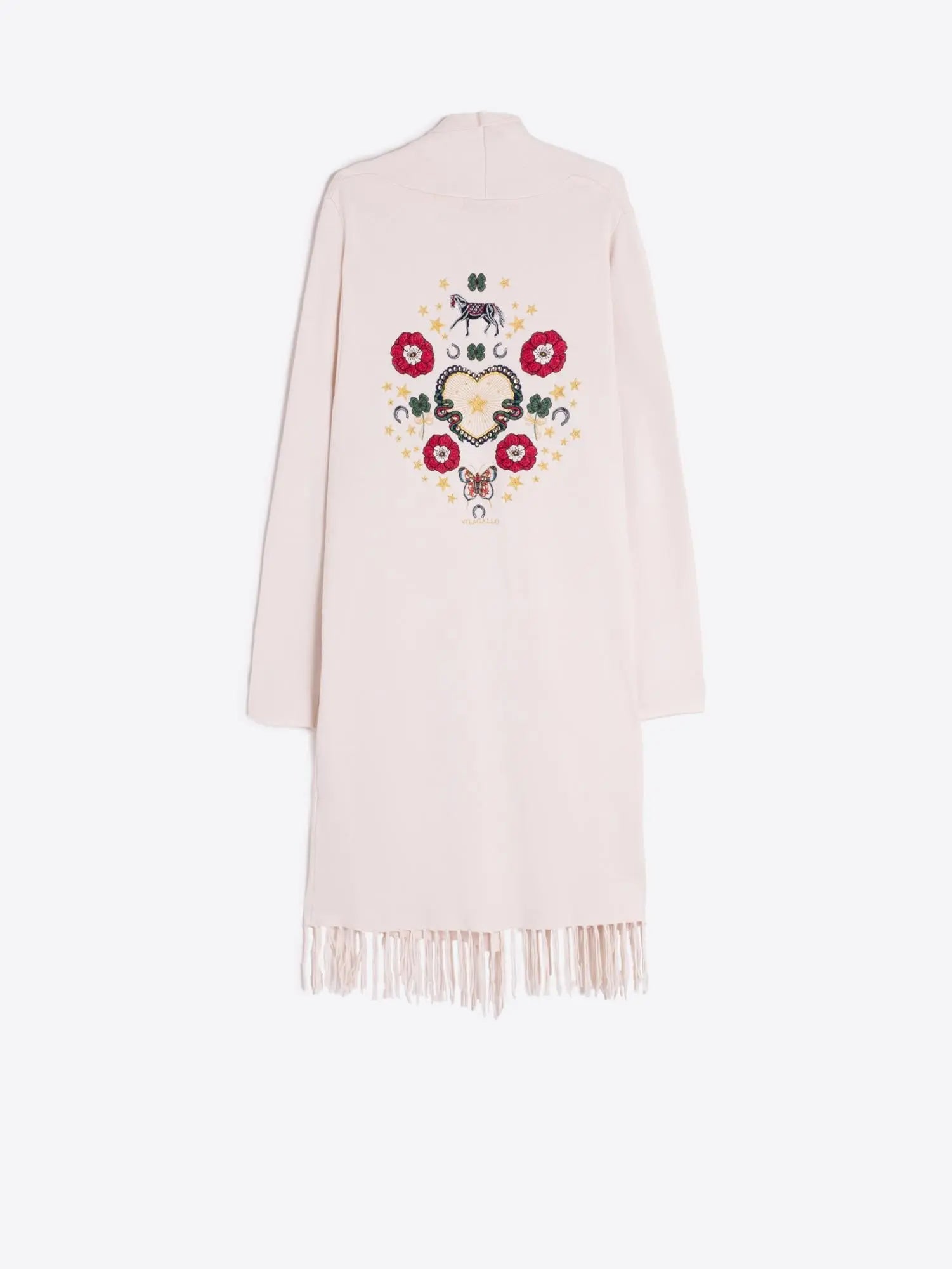 Knit Cardigan with Fringe & Print Embroidery Vilagallo