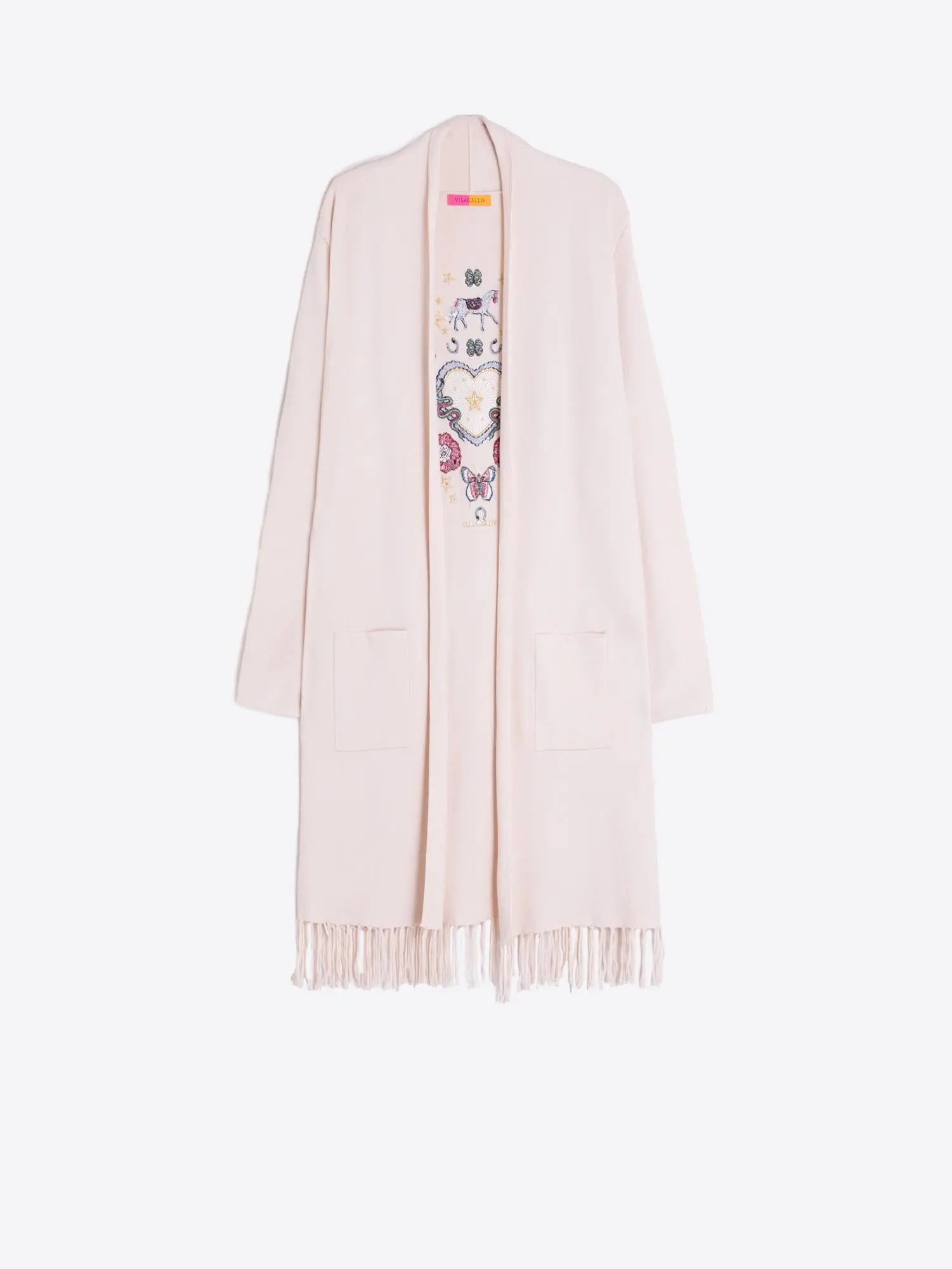 Knit Cardigan with Fringe & Print Embroidery Vilagallo