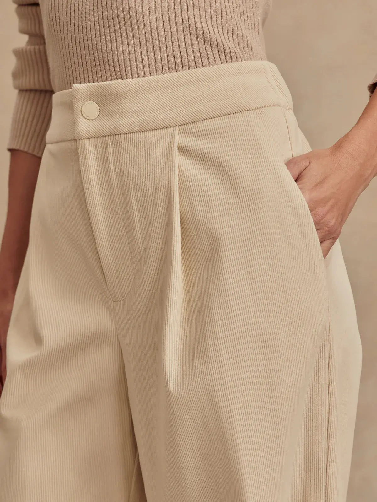 Close-up of Needle Cord textured fabric on Rocio Wide-Leg Pants
