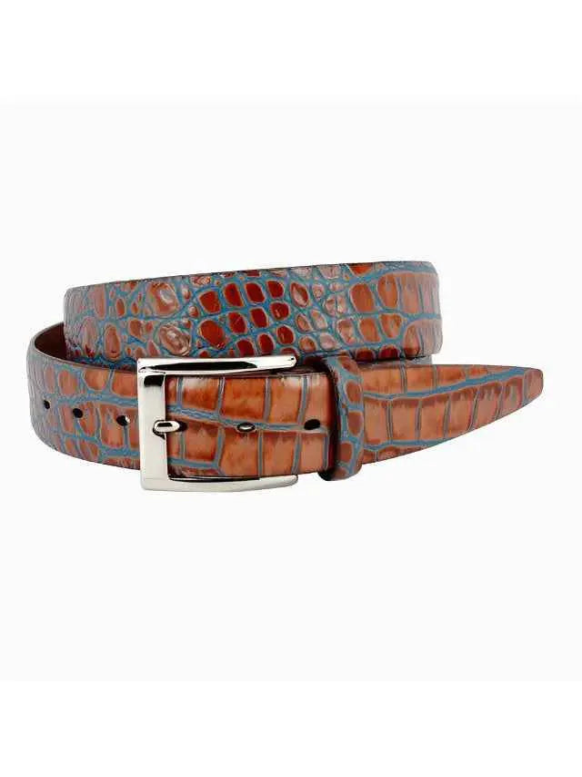 Faux Crocodile Embossed Belt - Tan / Blue
