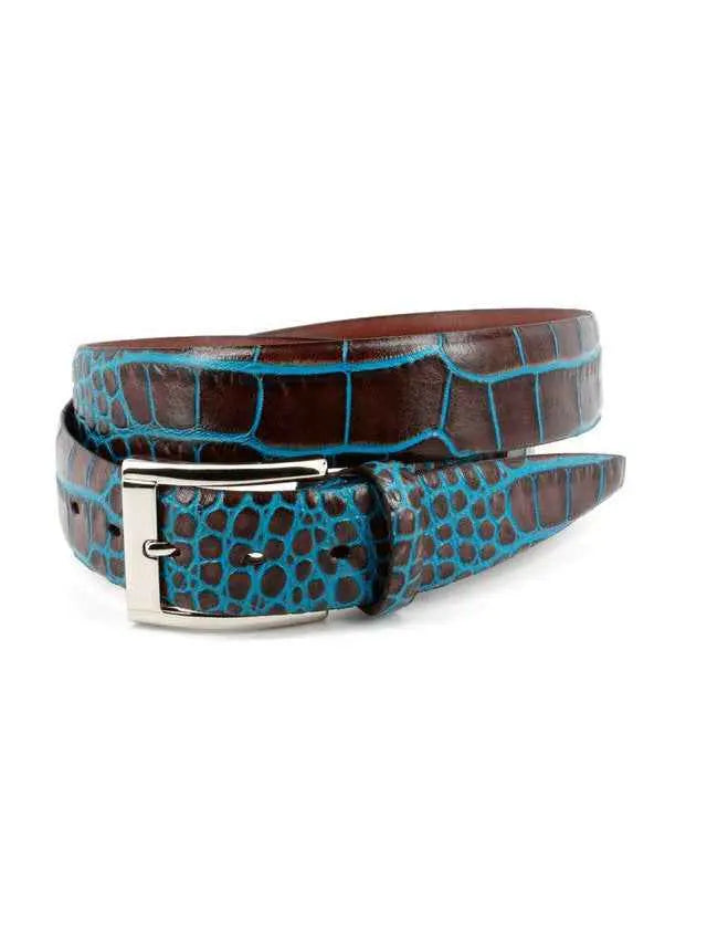 Embossed Crocodile Belt - Chocolate / Sky