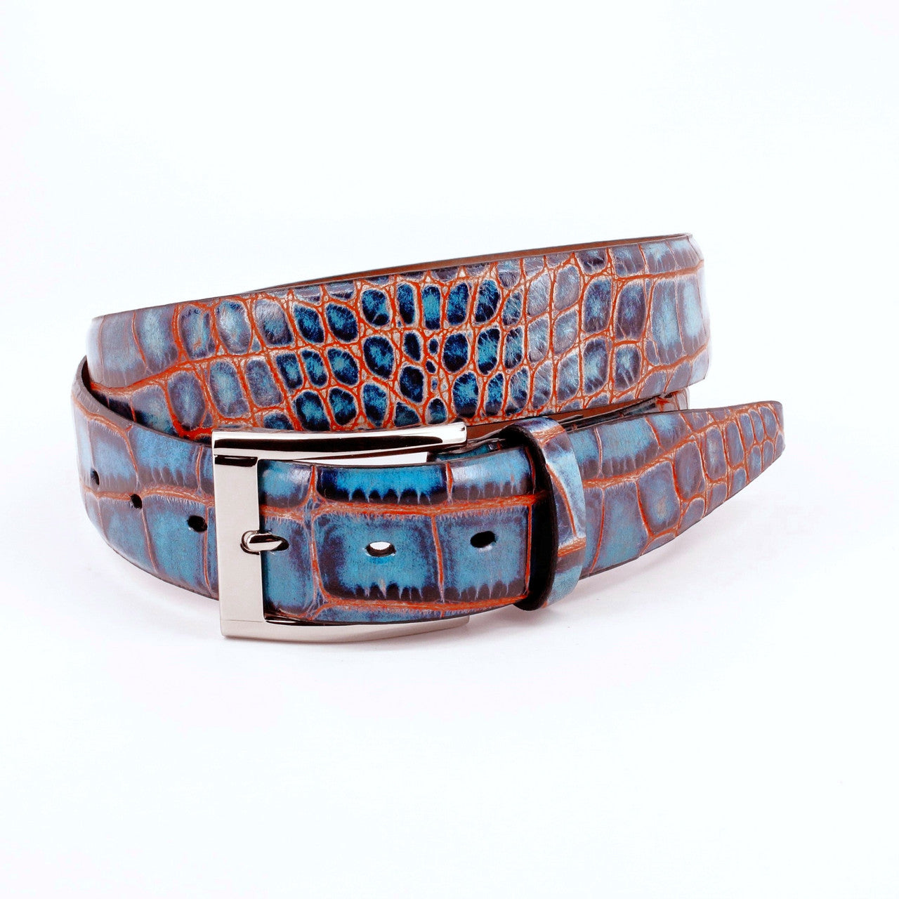 Faux Crocodile Embossed Calfskin Belt - Navy / Red Torino