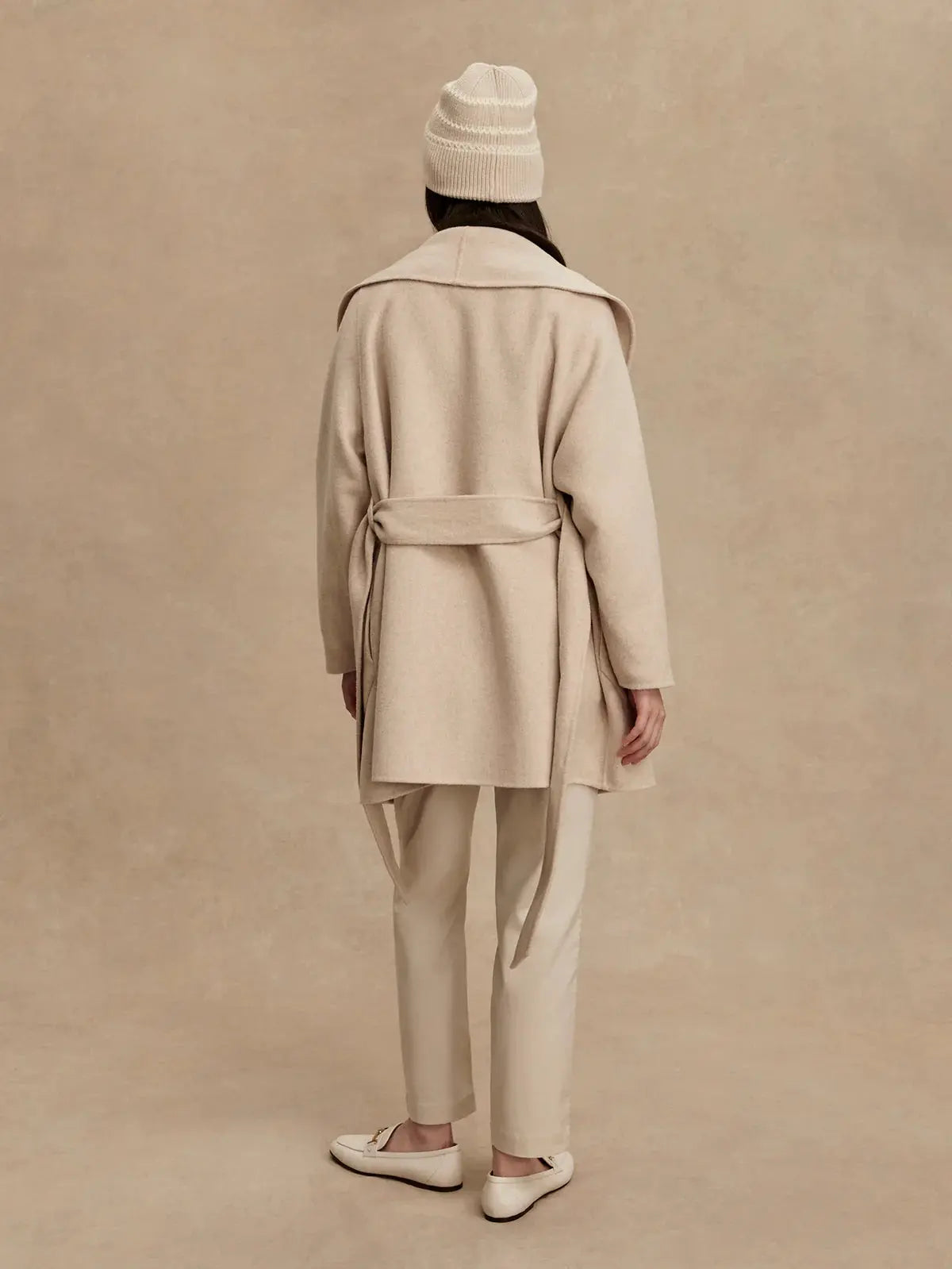 Back view of Edgemere Wrap Jacket with shawl collar and curved patch pockets