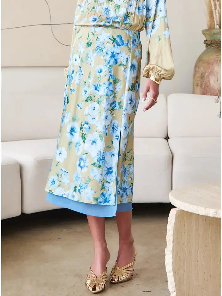 Floral Printed Midi Skirt W/Chiffon Layer Current Air