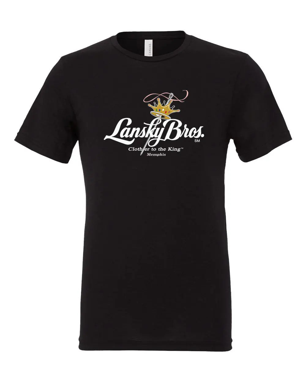 Black T-shirt with Lansky Bros. gold crown and needle logo and "Clothier to the King" text