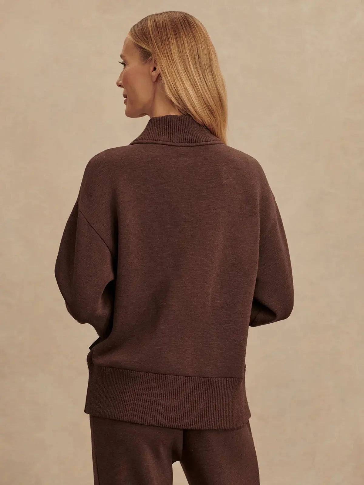 Back view of Sally Half-Zip Sweat with dropped shoulder and long sleeves