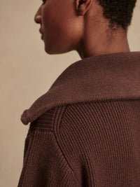 Close-up of fold-back collar and double-ended zip on Enrico Knit Jacket
