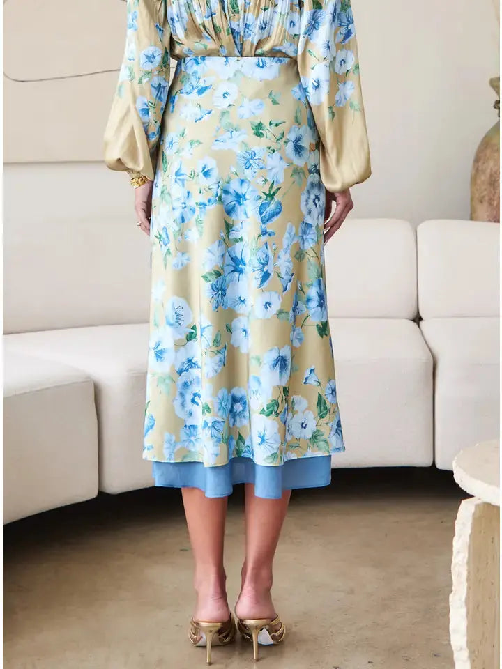 Floral Printed Midi Skirt W/Chiffon Layer Current Air