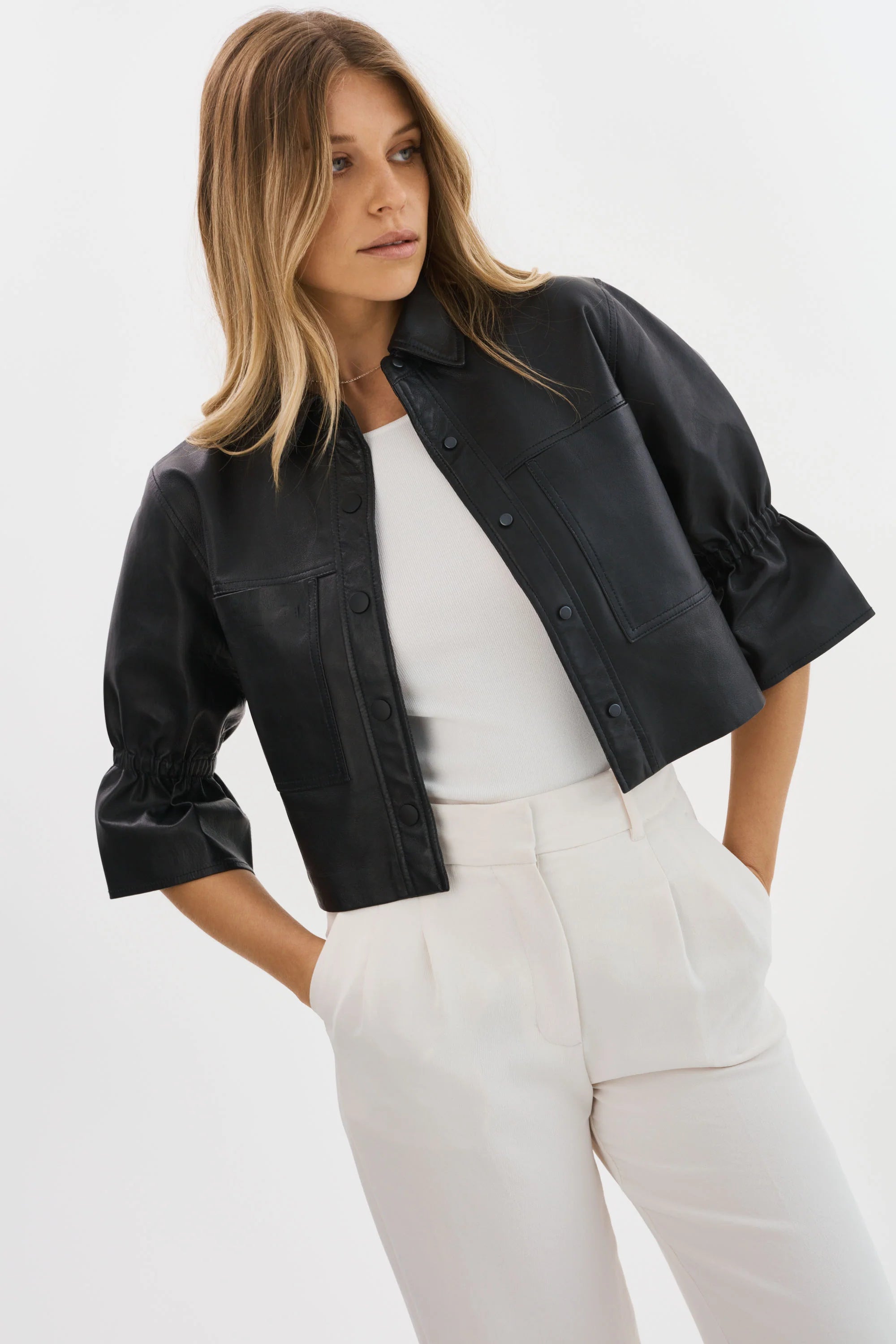 CAROLINA | LEATHER RUFFLE SLEEVE JACKET Lamarque