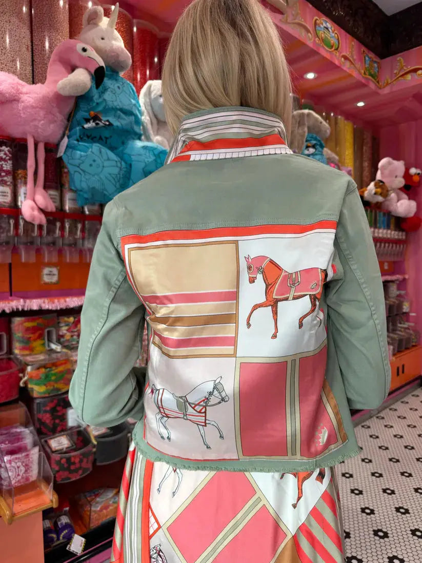 The Tea Leaf Green Denim Jacket / Sage and Coral Horse STACY BRADLEY