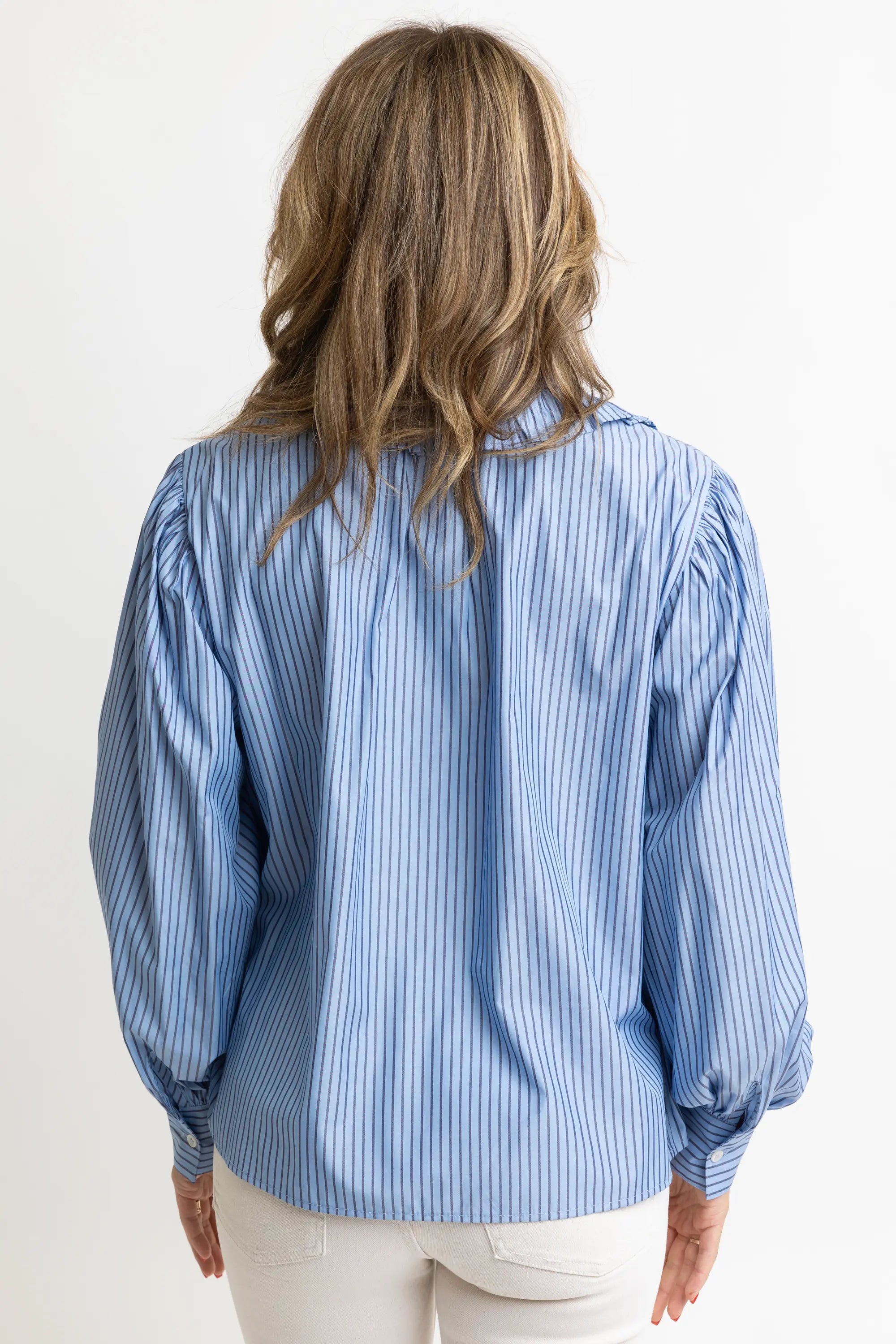 tripe Poplin Ruffle Collar Pleat Top Karlie