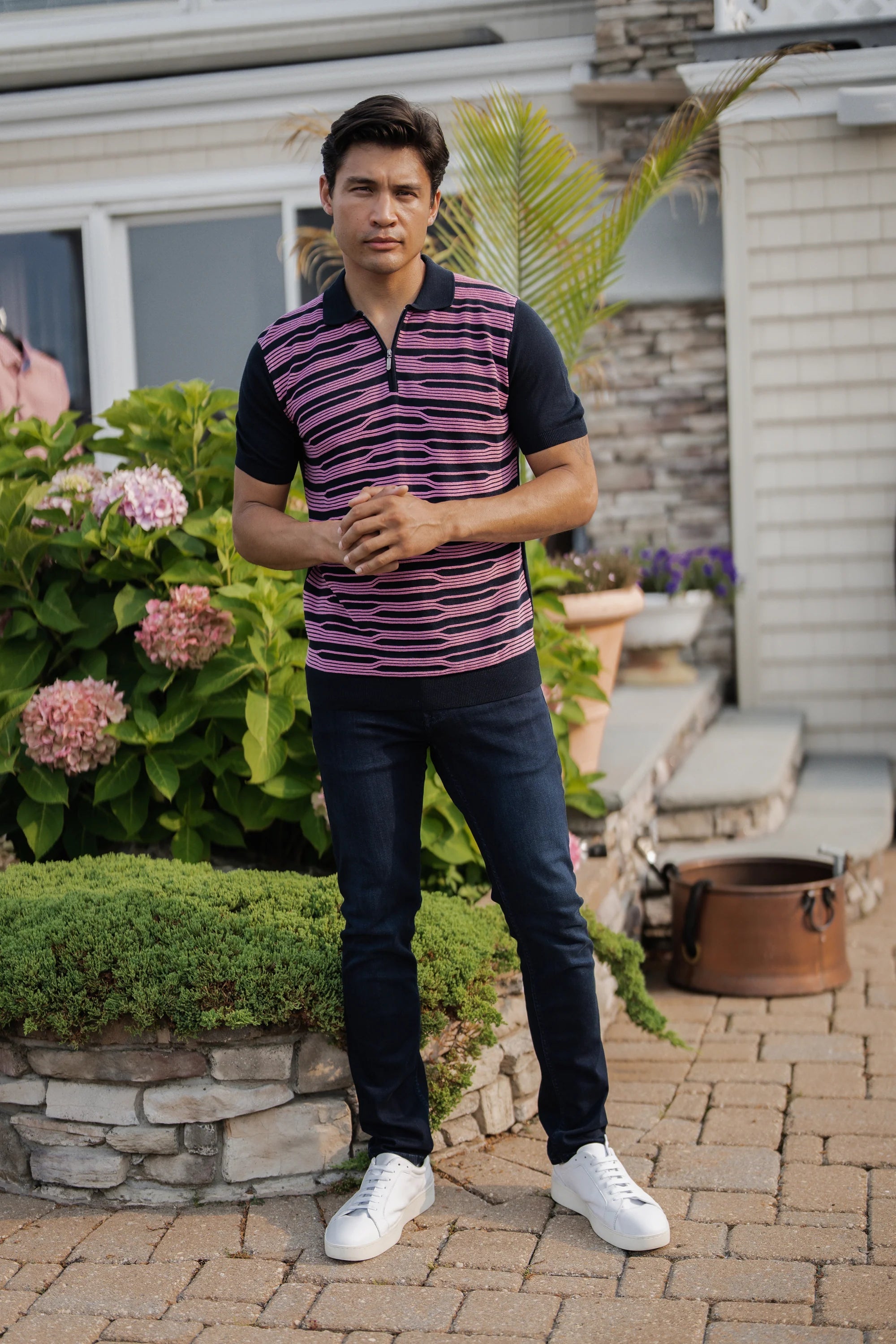 Navy with Pink Short Sleeve Knit Polo Clothier to The King