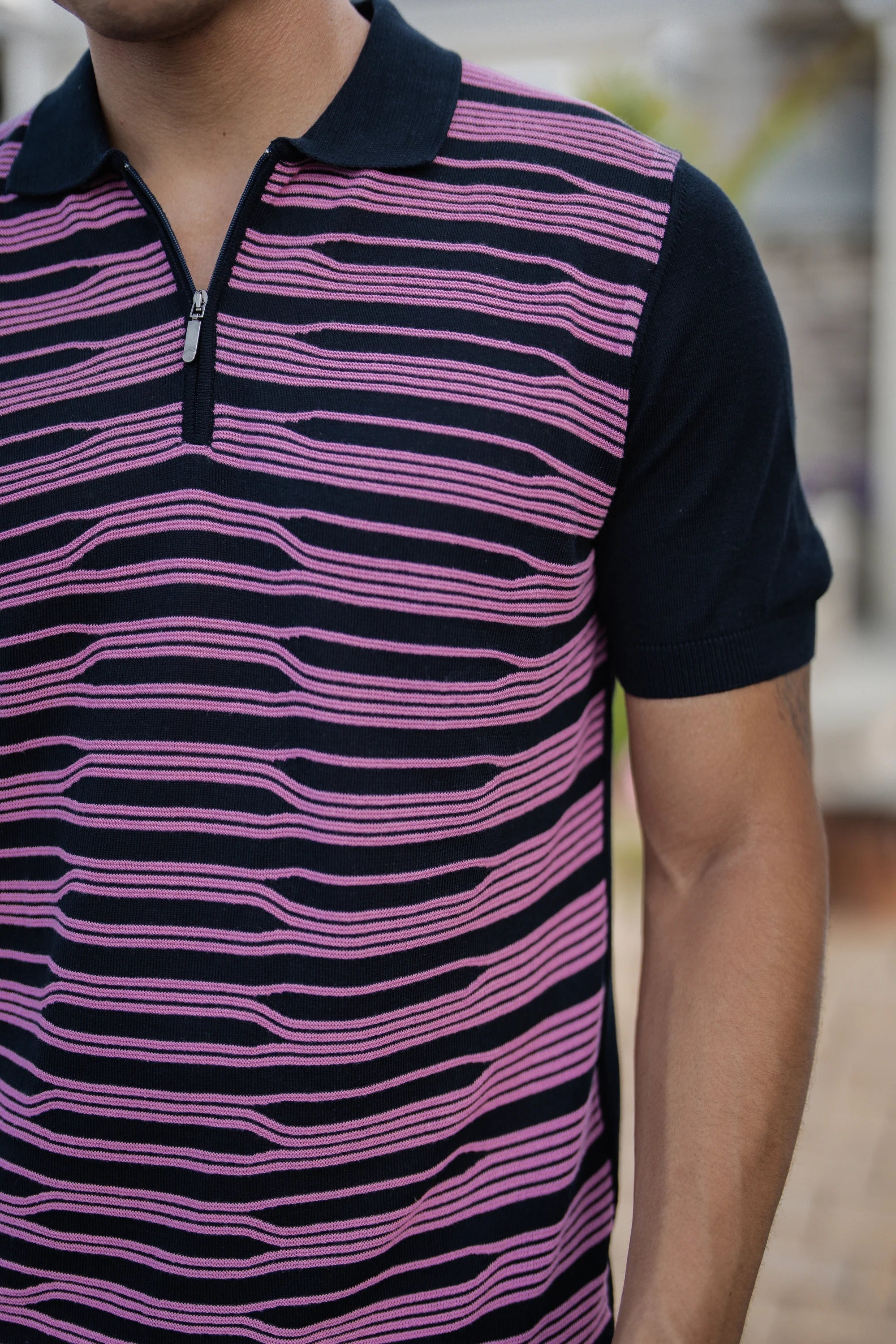 Navy with Pink Short Sleeve Knit Polo Clothier to The King
