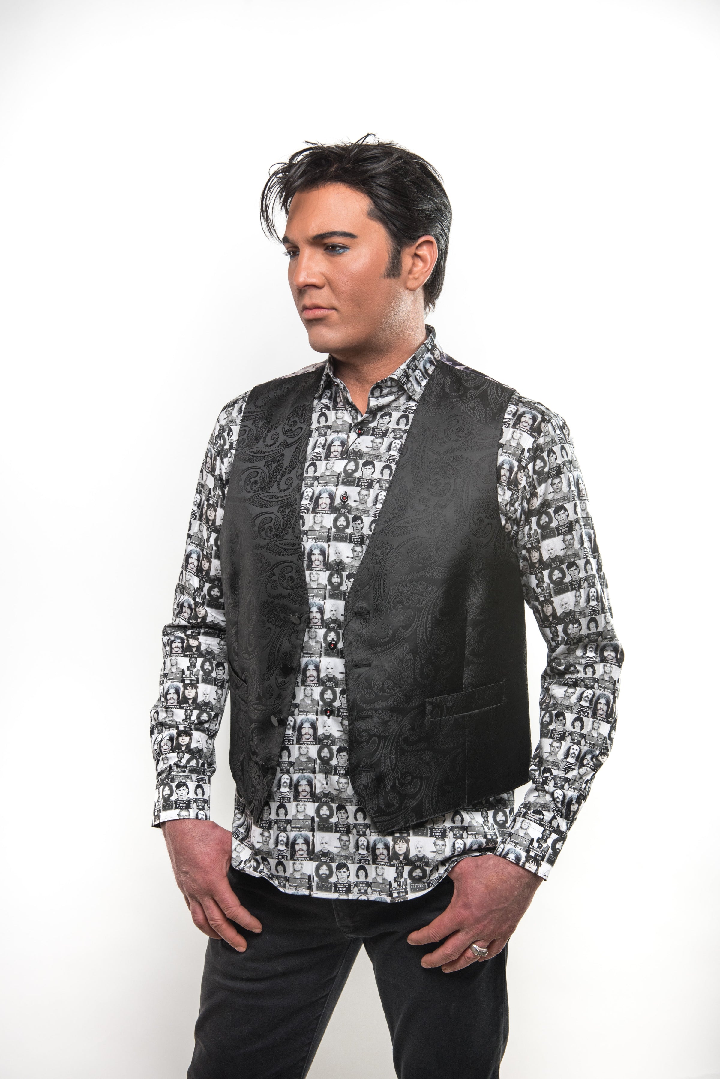 Front view of The Wedding Vest with paisley design