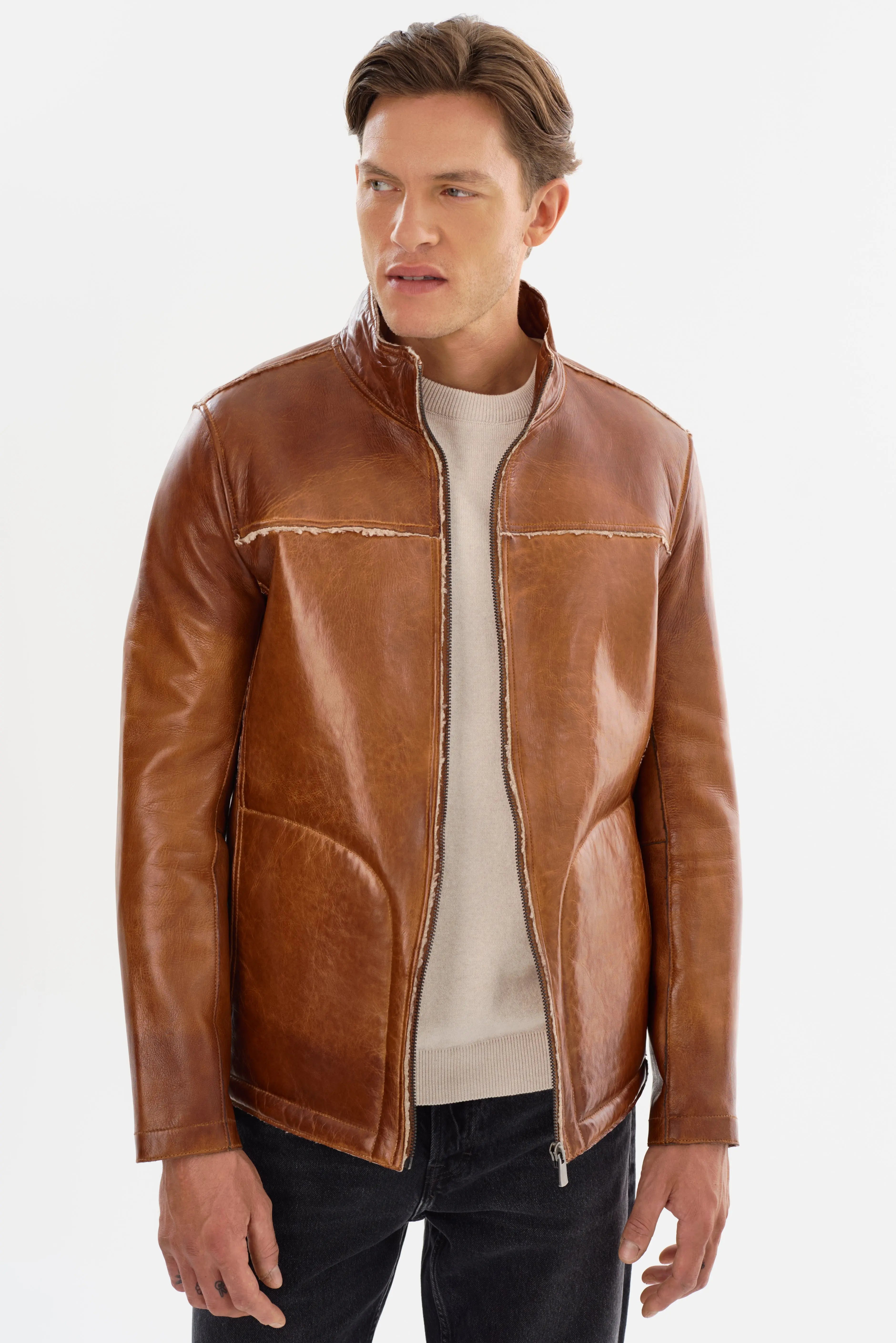 邦楽 MANDYLION: Keather Shelby Double Stripe Moto Jacket – Black/Cognac Lambskin Leather