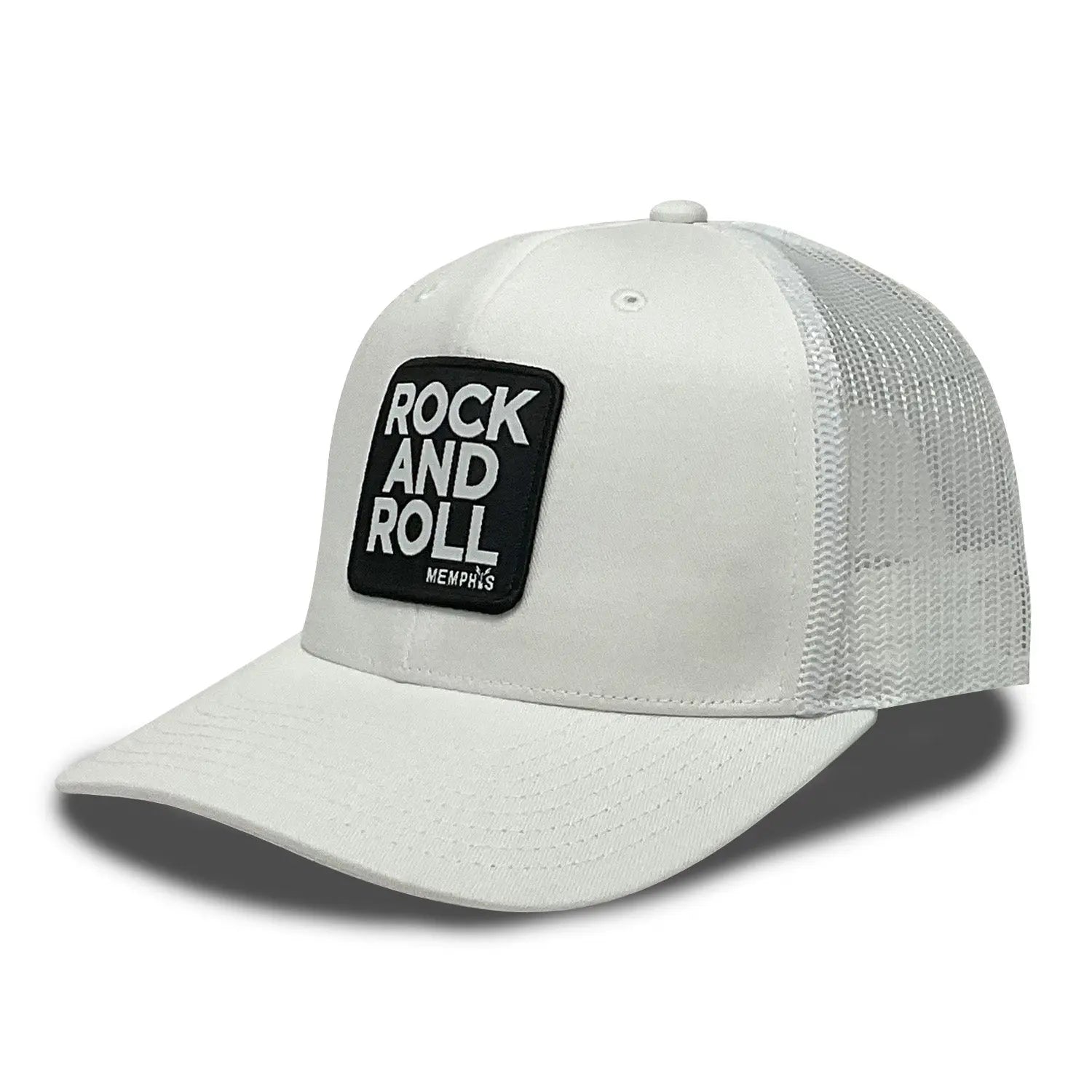 Front view of White Rock and Roll Memphis Trucker Hat with vintage patch and mesh paneling