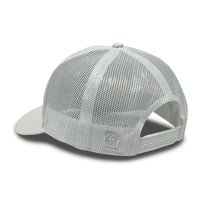 Back view of White Rock and Roll Memphis Trucker Hat featuring adjustable snapback closure and breathable mesh