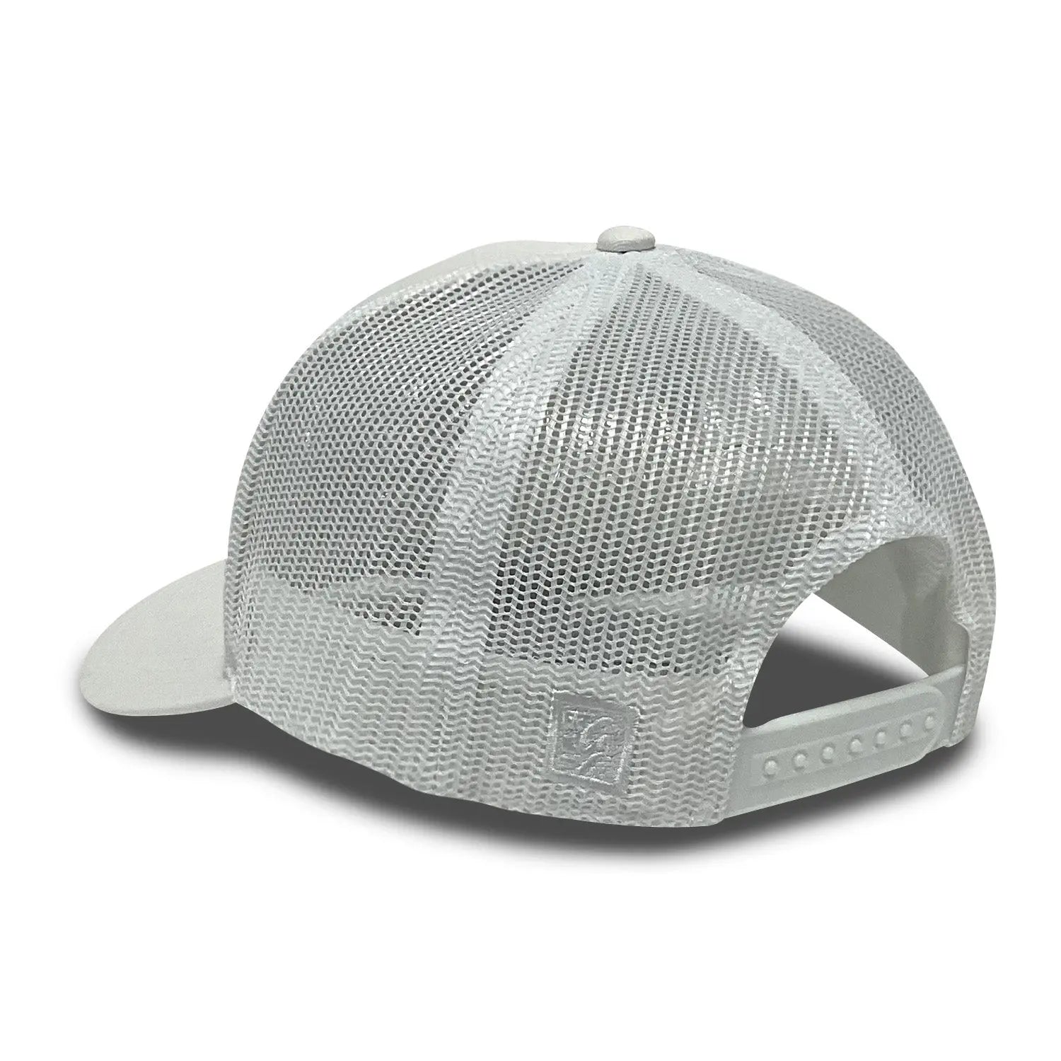 Back view of White Rock and Roll Memphis Trucker Hat featuring adjustable snapback closure and breathable mesh