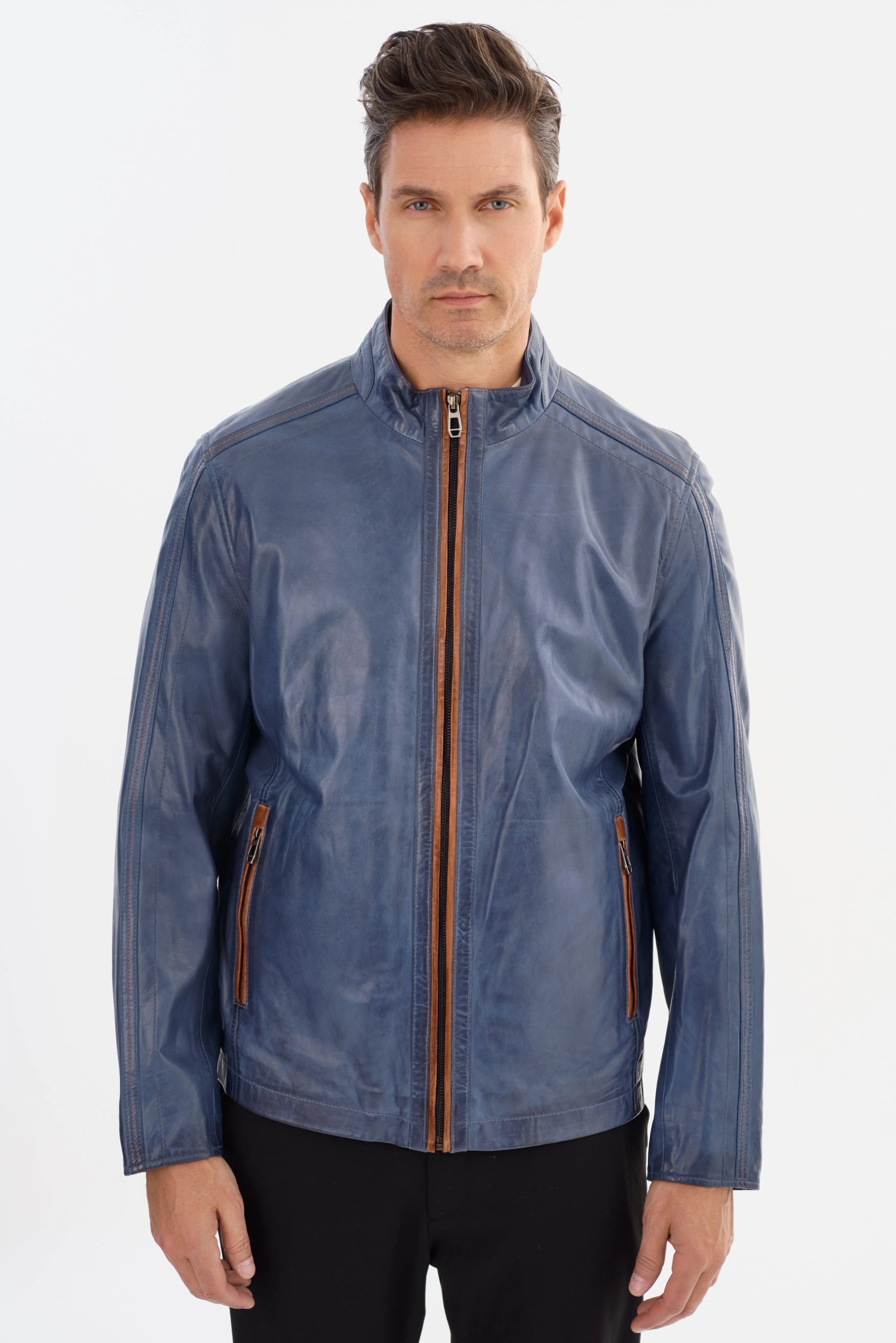 Shelby Double Stripe Moto Jacket – Black/Cognac Lambskin Leather