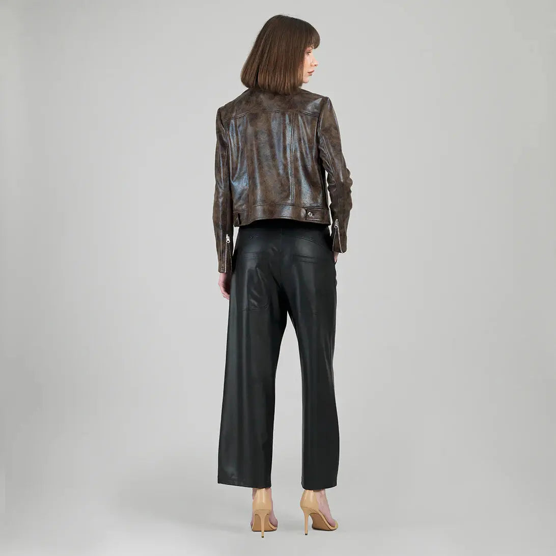 Vegan Leather Distressed Moto Waist Jacket - Brown Clara Sun Woo