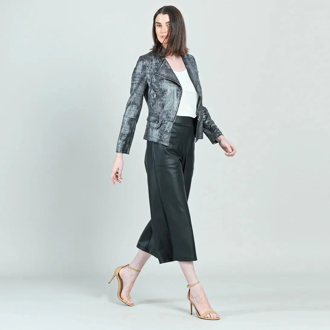 Metallic Liquid Leather™  Biker Jacket - Gunmetal Silver Clara Sun Woo