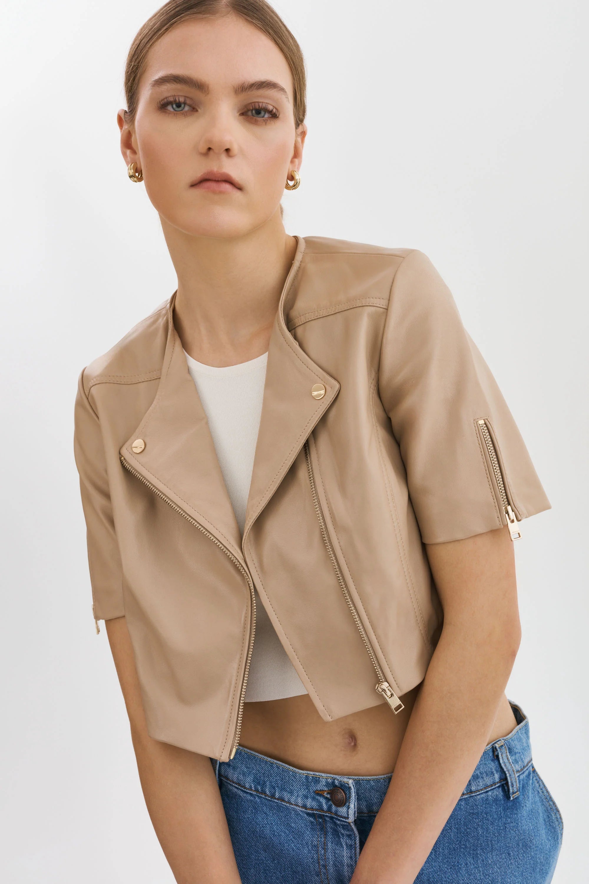 KIRSI GOLD | CROPPED BIKER JACKET - WHEAT Lamarque