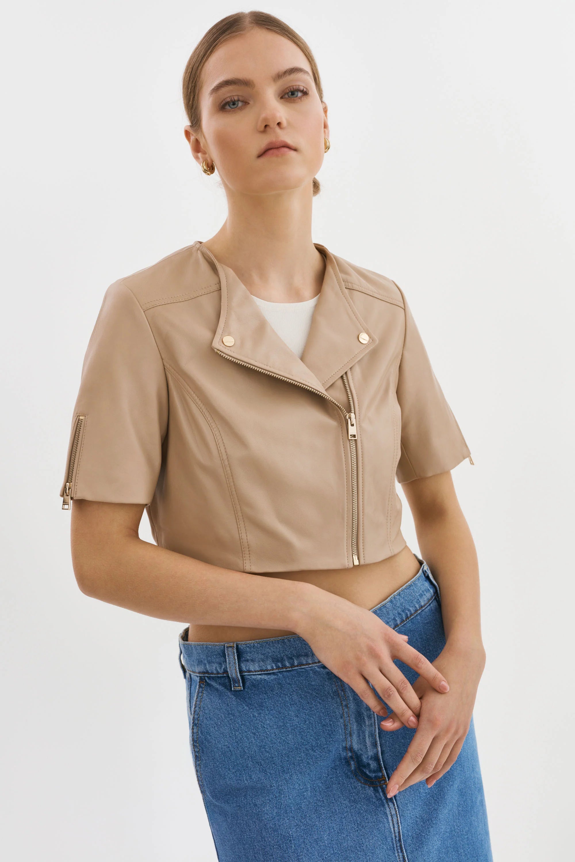 KIRSI GOLD | CROPPED BIKER JACKET - WHEAT Lamarque