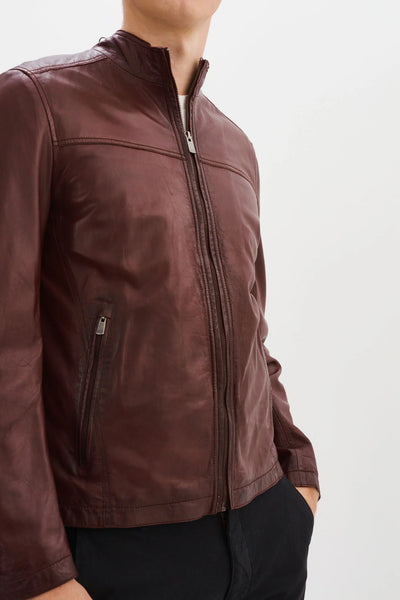 Lucio Lambskin Leather Jacket- Burgundy