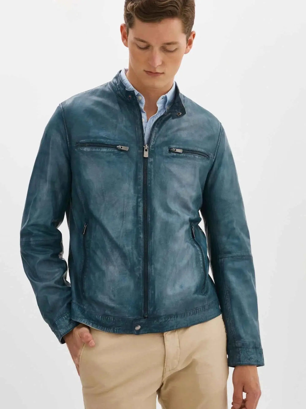 LUKE ICE BLUE LEATHER MOTORCYCLE JACKET - Lansky Bros.