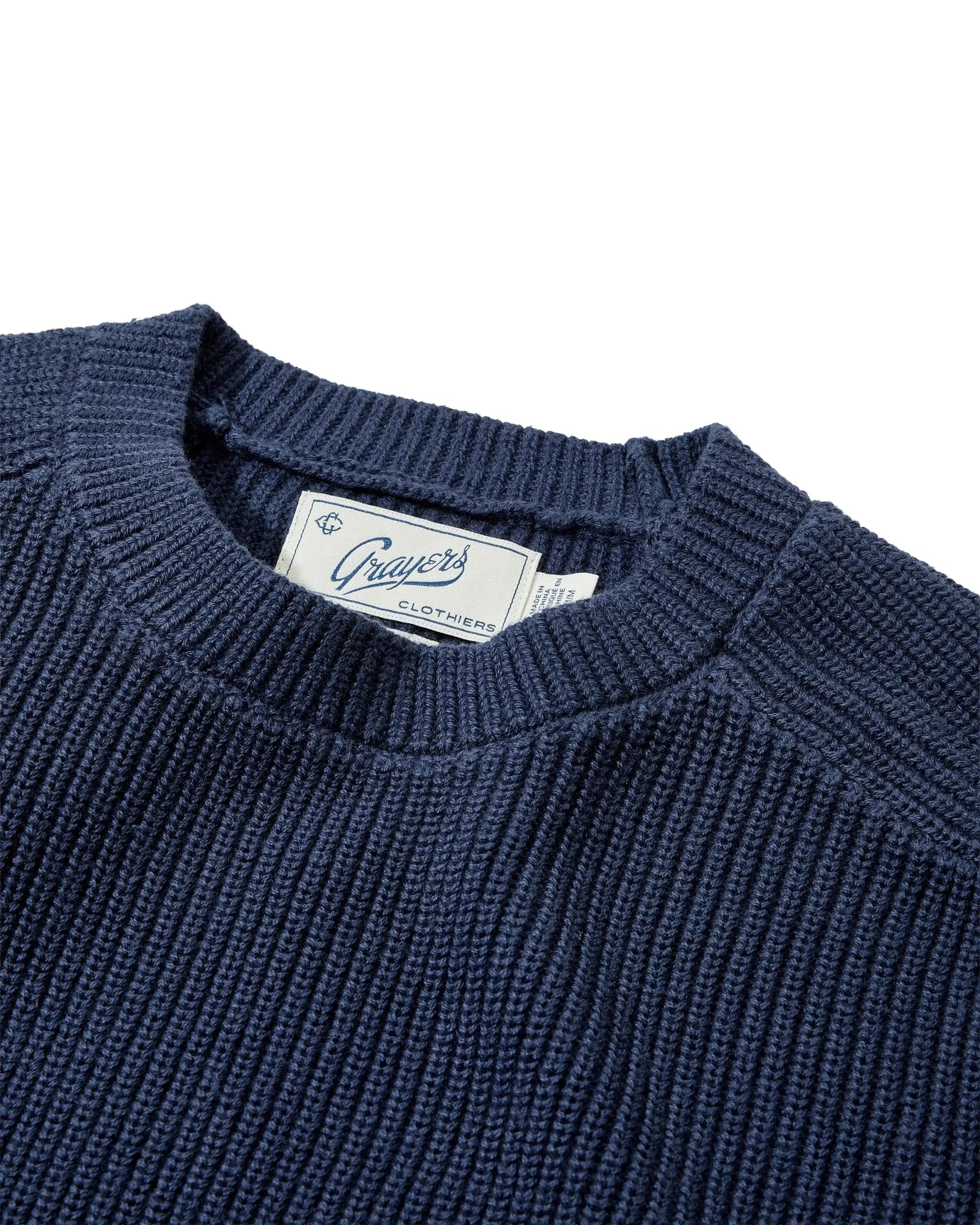 Shaker Stitch Cotton Crewneck Sweater - Navy Grayers