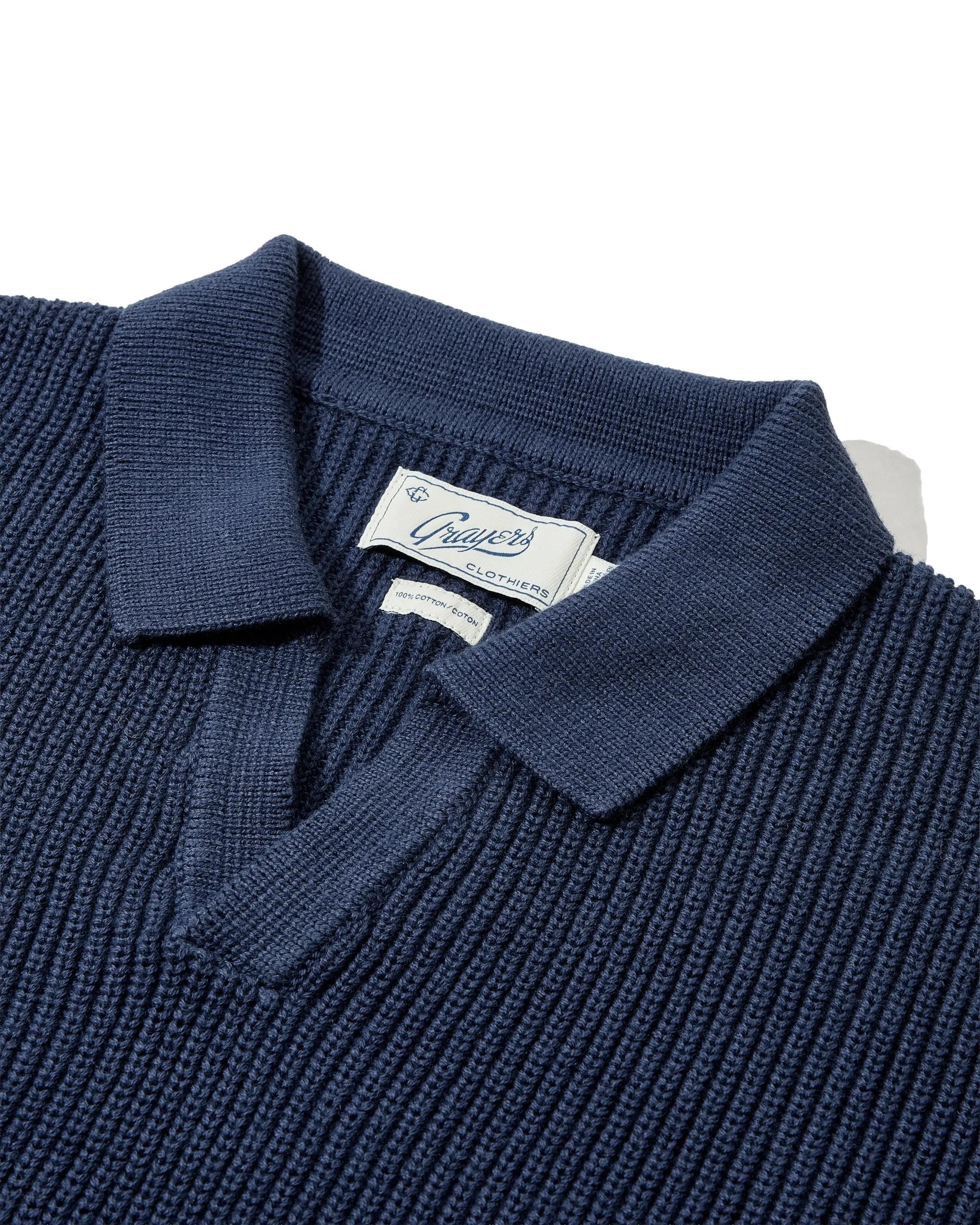Shaker Stitch Cotton Polo Sweater - Navy Grayers