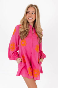 Skylar pink romper with orange embroidered suns by J.Marie