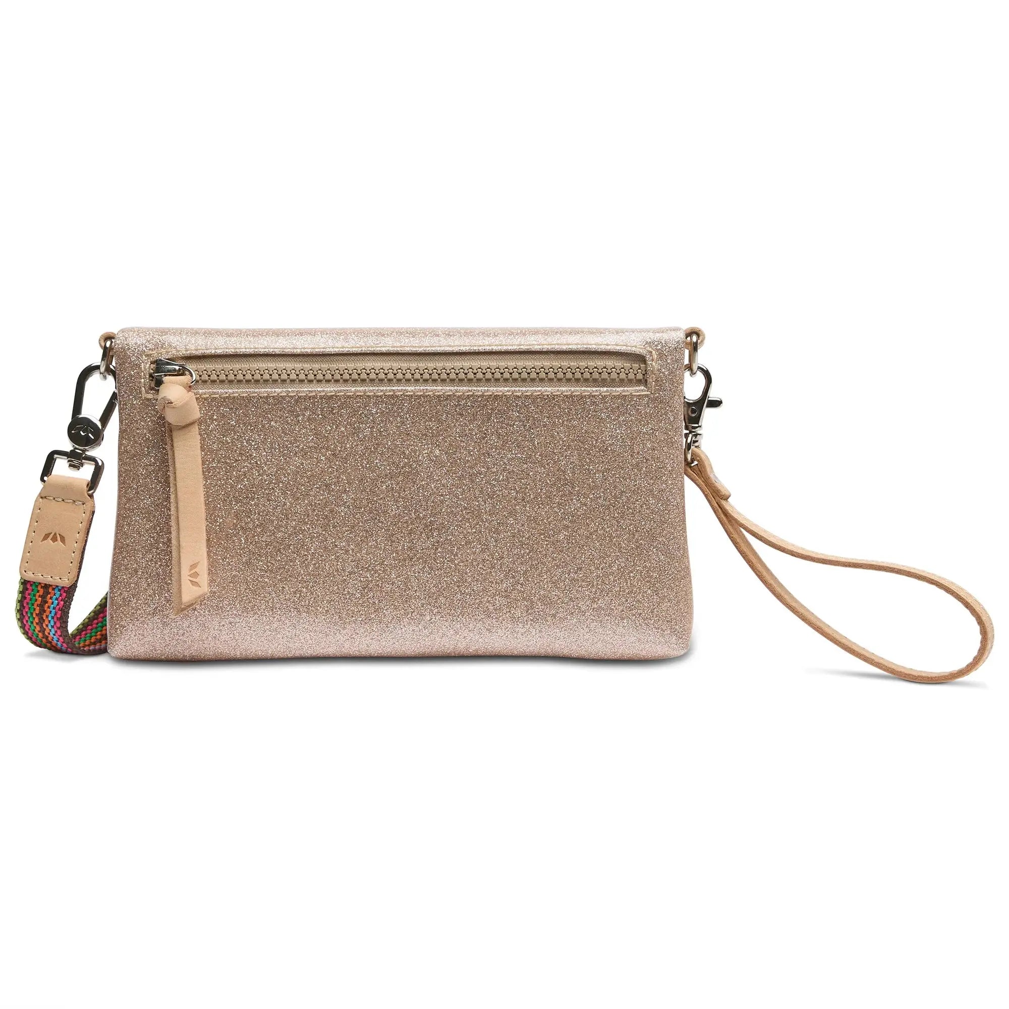 Emery Uptown Crossbody – Champagne Glitter Bag with Wristlet Strap Consuela