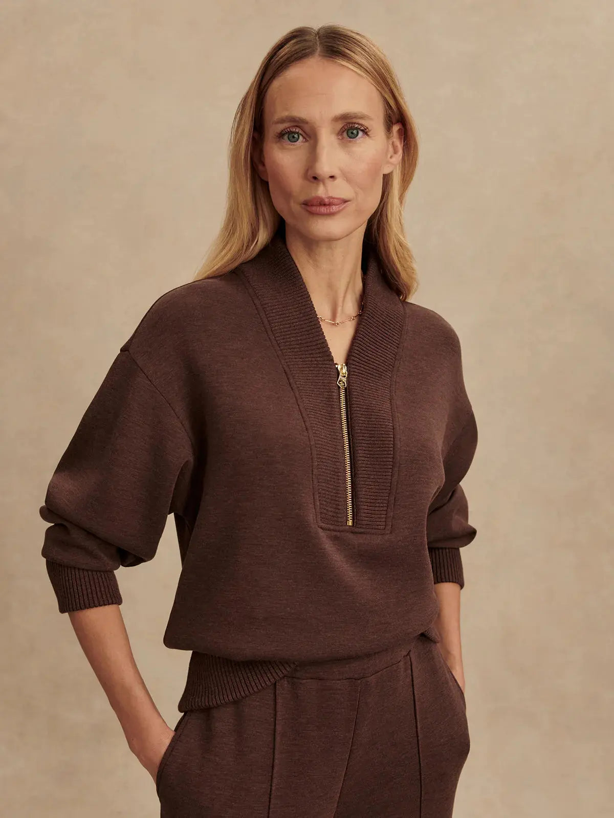 Front view of Varley Sally Half-Zip Sweat in Coffee Bean Marl, women’s regular fit sweatshirt