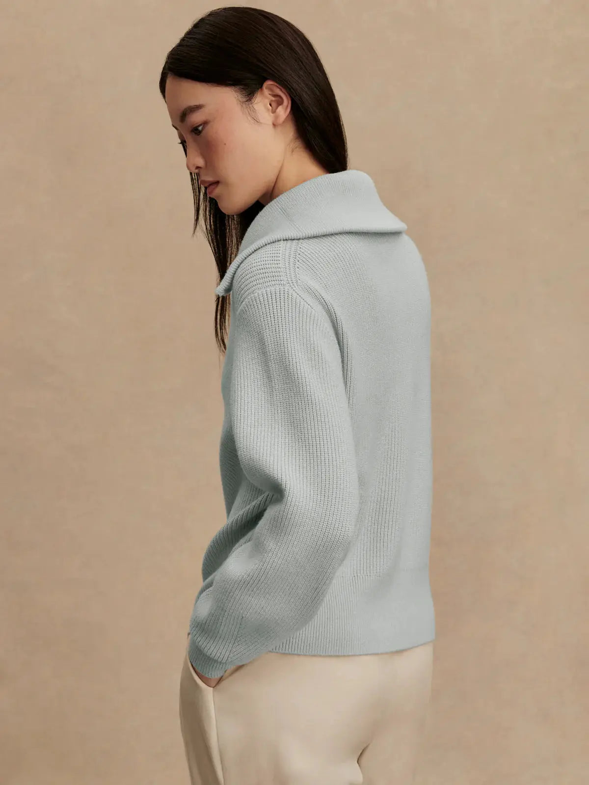 Back view of Enrico Knit Jacket, mid-gauge rib stitch fabric