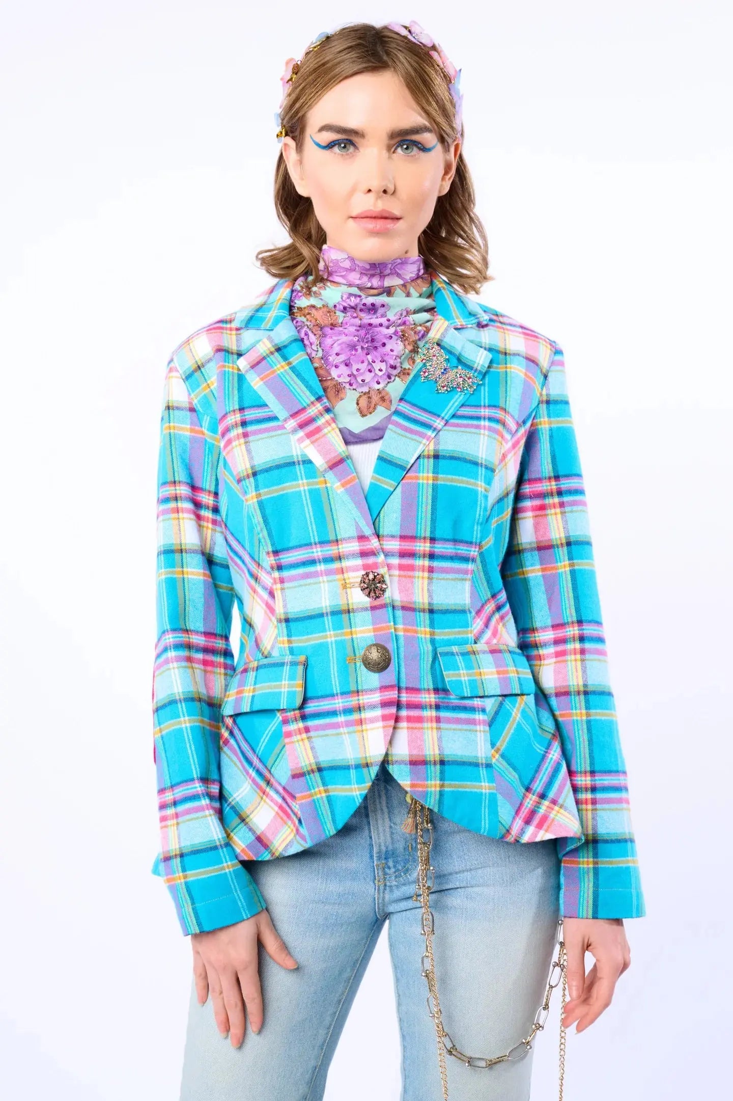 Dulce Aqua Plaid Blazer Aratta