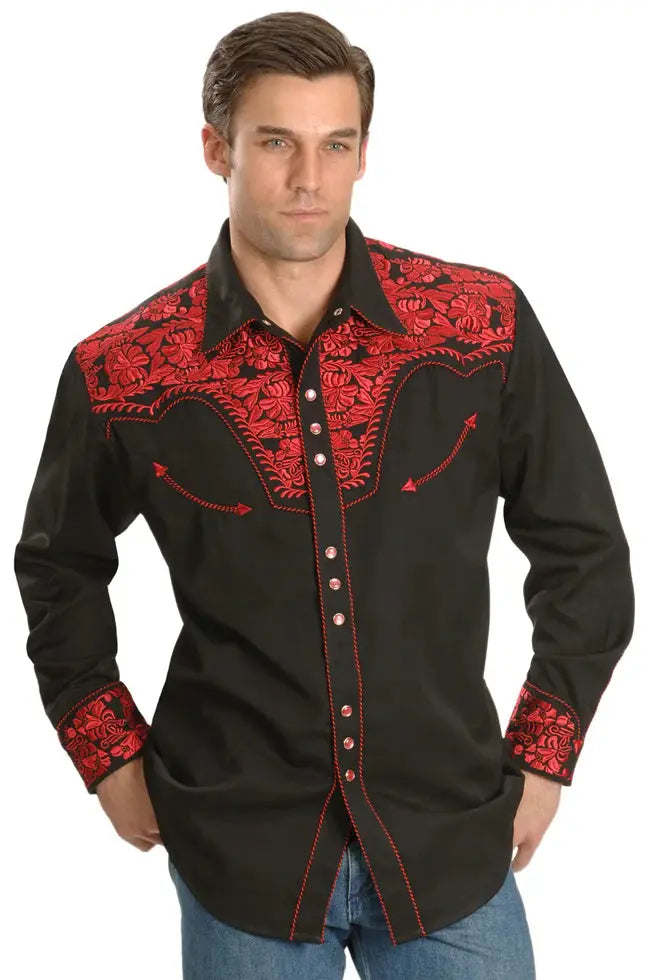 Floral Embroidered Rockabilly Shirt - Crimson - Lansky Bros.