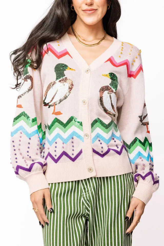 Beige Multi Zig Zag Duck Cardigan Queen of Sparkles