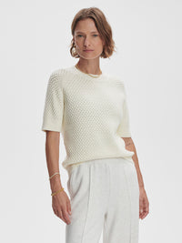 Varley Lucy Knit Top in Snow White – front view with rounded neckline