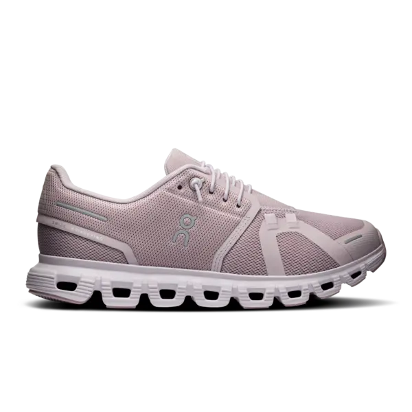 Side view of Women’s Cloud 6 running sneaker in Mauve and Orchid colorway by On