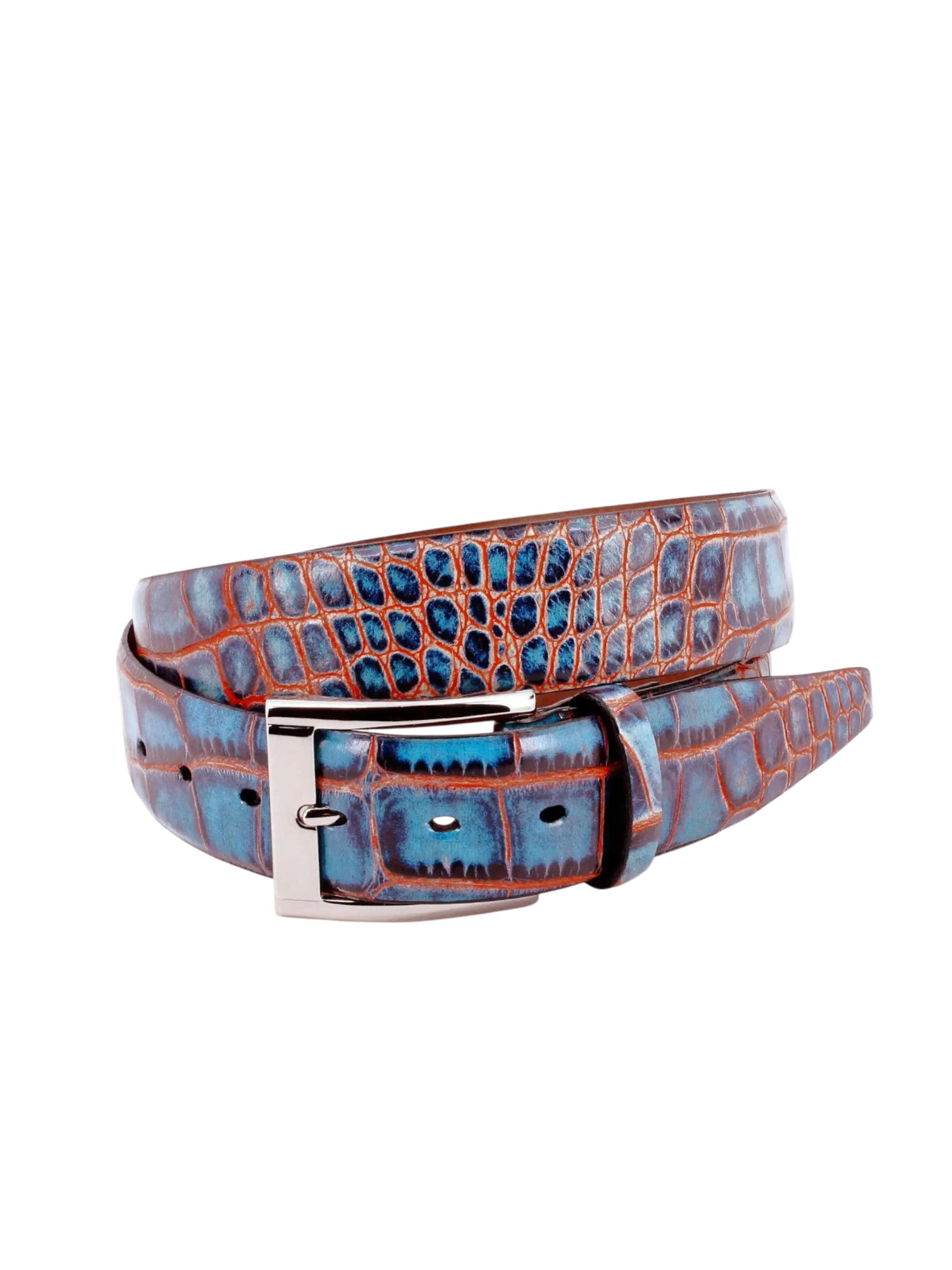 Faux Crocodile Embossed Calfskin Belt - Navy / Red Torino