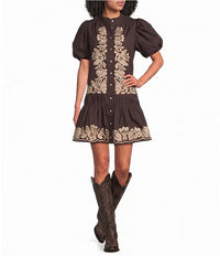 Camille Embroidered Puff Sleeve Shirt Dress