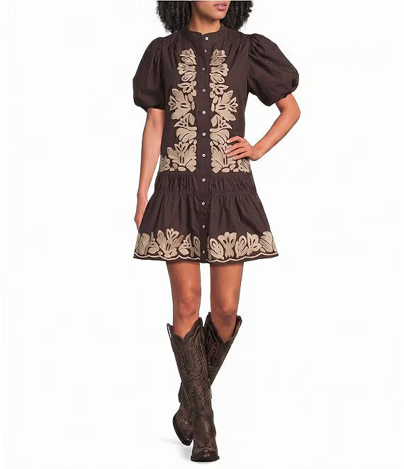 Camille Embroidered Puff Sleeve Shirt Dress